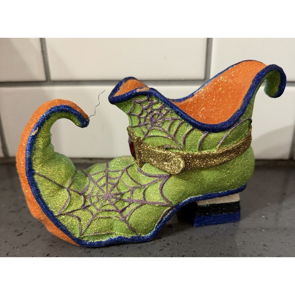 Witches Boot Tea Light Candle Holder Green Orange Sparkle Witch Shoe‎ Halloween